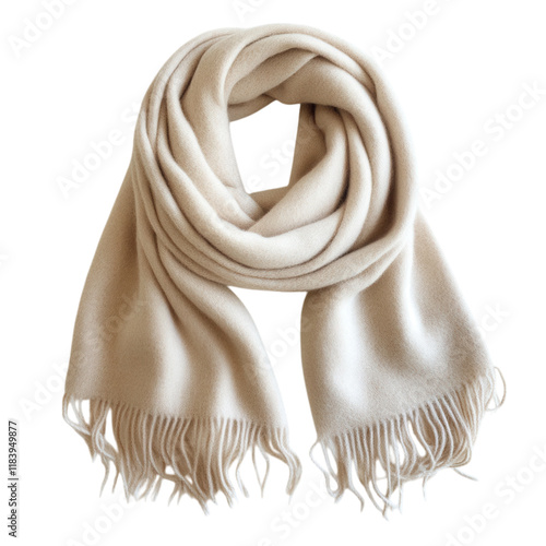 Soft cashmere scarf in neutral tones, elegantly draped against a crisp white backdrop, perfect for fashion or textile design applications