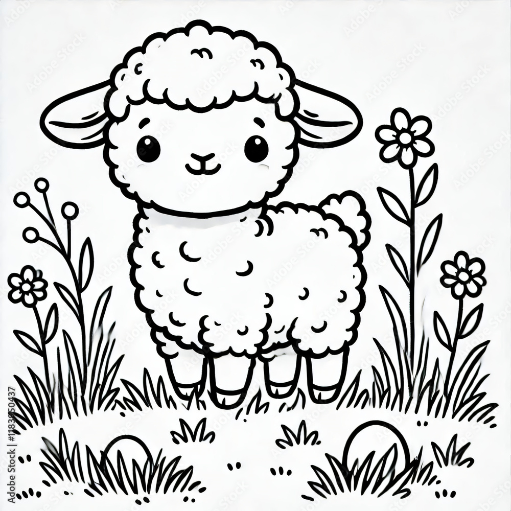 Obraz premium Black white lineart coloring book, cute animal character. Cute Cartoon Character with Big Eyes. Cute lillte sheep coloring book for kids and adult. Simple animal character for coloring book.