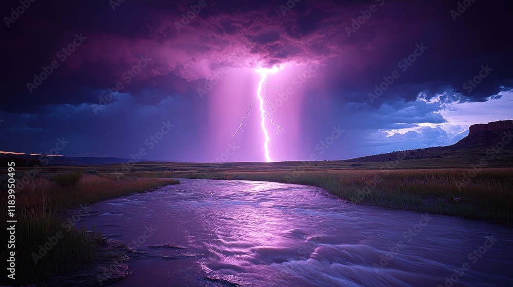 Fototapeta premium Purple lightning strike over river.