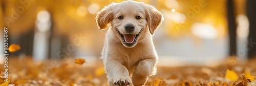 Happy Golden Retriever puppy running through autumn leaves. photo