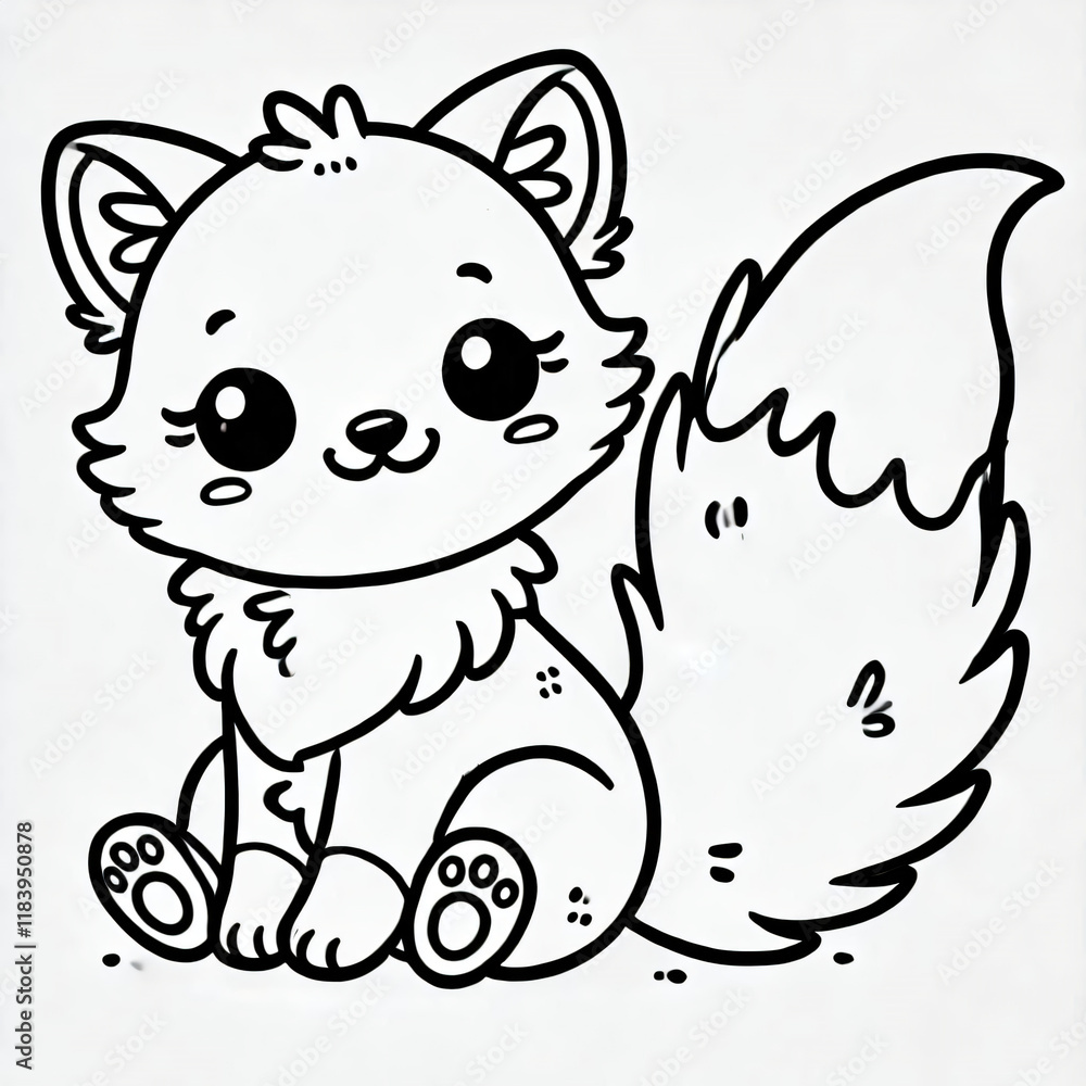 Fototapeta premium Black white lineart coloring book, cute animal character. Cute Cartoon Character with Big Eyes. Cute and friendly baby fox with smiling face coloring book. Simple coloring book dor kids and adult
