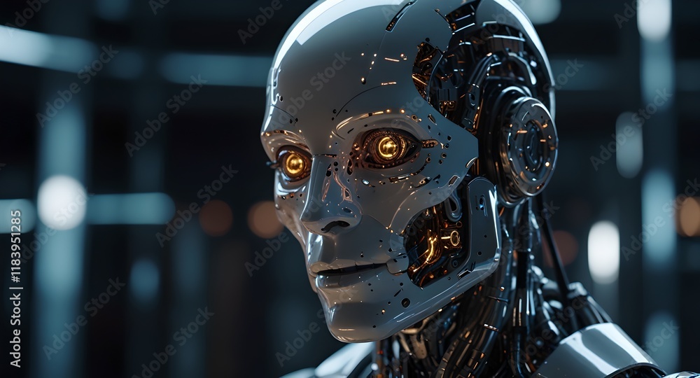 A close-up of a robot with glowing eyes, reflecting on its identity amidst sparks and holographic data. A close-up of a robot with glowing eyes, reflecting on its identity amidst sparks and holographic data.