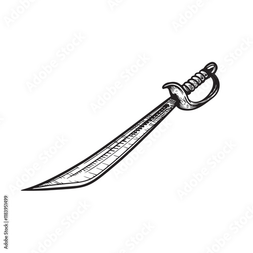 Pirate cutlass saber. Hand drawn sketch style corsair weapon in engraving style. Vintage sword. Vector illustration isolated on white.