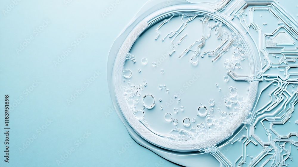 Abstract light blue background with white circuit board design and bubbles. Abstract light blue background with white circuit board design and bubbles.