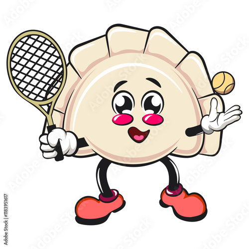 Cute gyoza dumpling vektor illustration mascot character playing tennis, Xiao Long Bao, Asian, Chinese food, work of hand drawn