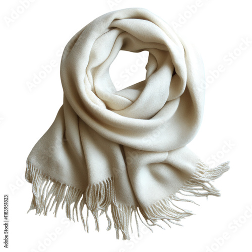 Elegant wool scarf draped softly on a pristine white surface, showcasing texture and warmth in a minimalist aesthetic