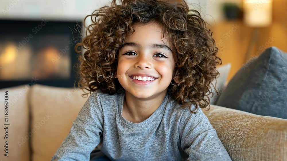 A curly-haired child smiles as they build with colorful blocks at home, surrounded by cozy furnishings A curly-haired child smiles as they build with colorful blocks at home, surrounded by cozy furnishings