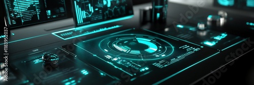 Futuristic digital interface displays data analytics.