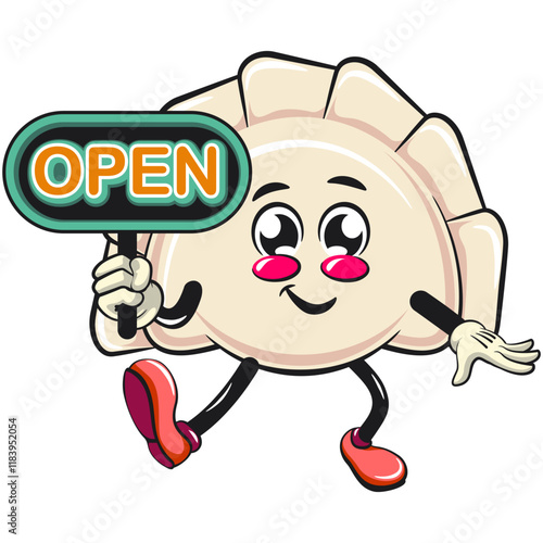 Cute gyoza dumpling vektor illustration mascot character showing a sign that says open, Xiao Long Bao, Asian, Chinese food, work of hand drawn