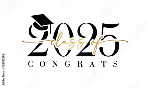 Class of 2025 calligraphy banner. Congratulation graduation, black 2025 number with academic cap for college event invitation or party high school. Congrats lettering, vector logo design