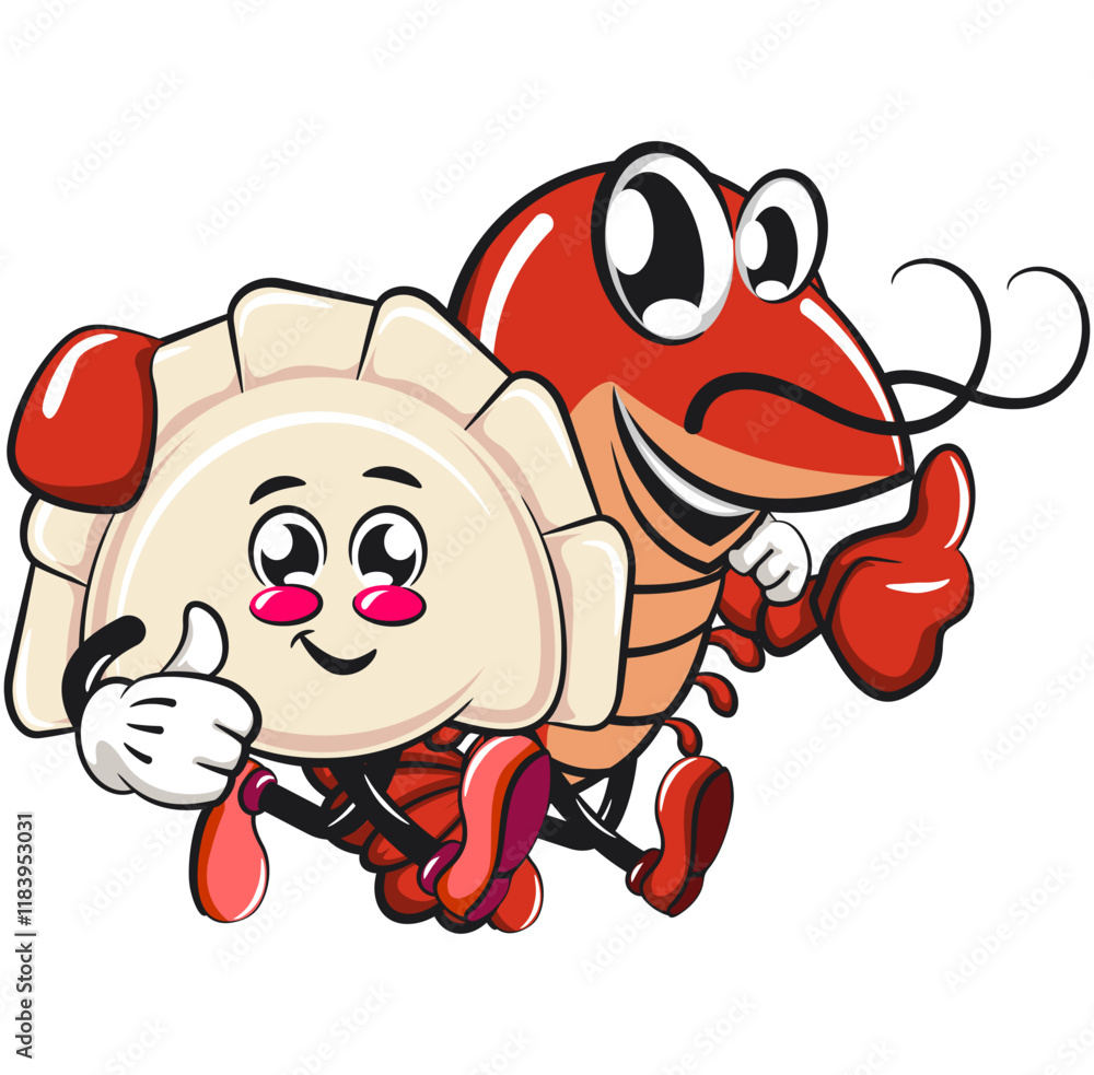 Naklejka premium Cute gyoza dumpling vektor illustration mascot character with a shrimp character while giving thumbs up, Xiao Long Bao, Asian, Chinese food, work of hand drawn