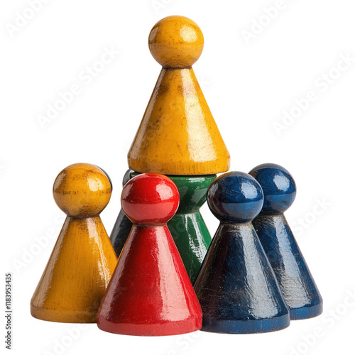 Classic board game pieces neatly stacked, vibrant colors, seamless white backdrop, ideal for digital use or creative projects photo