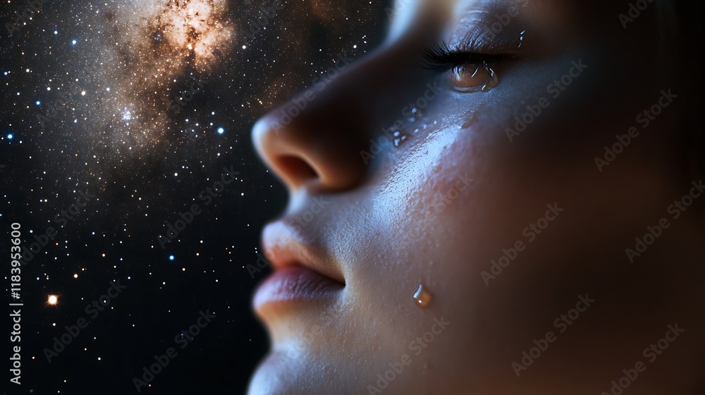 Obraz premium Close-up of a young girl crying, with a starry night sky in the background.