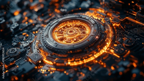 Wallpaper Mural Glowing Circuitry Mechanism Rotating in Futuristic Tech Background Torontodigital.ca