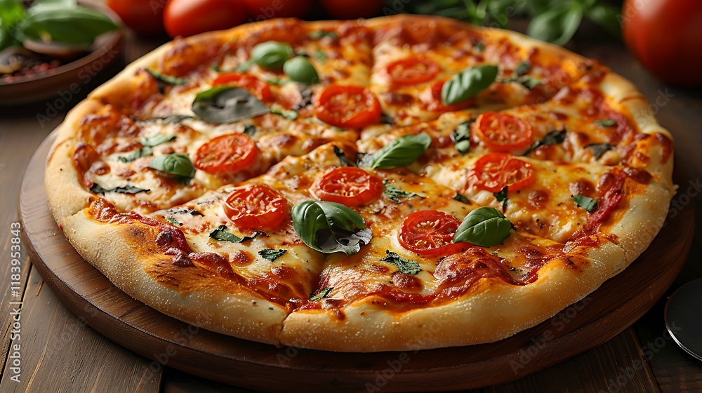 Closeup view of a pizza served on a pizza board Closeup view of a pizza served on a pizza board