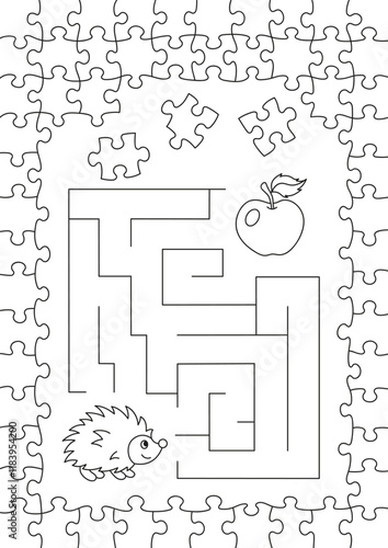 Children's activities. Maze page. Hedgehog and apple. Black and white illustration. Coloring page.