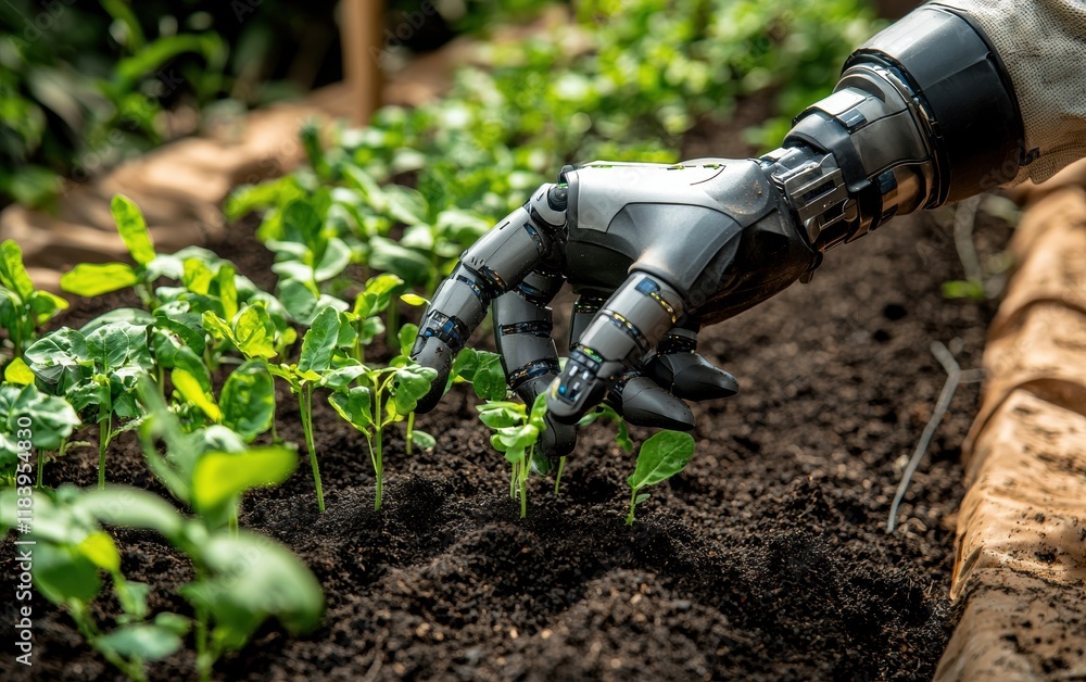 A robotic arm planting seedlings in neatly arranged rows of soil in a backyard garden A robotic arm planting seedlings in neatly arranged rows of soil in a backyard garden