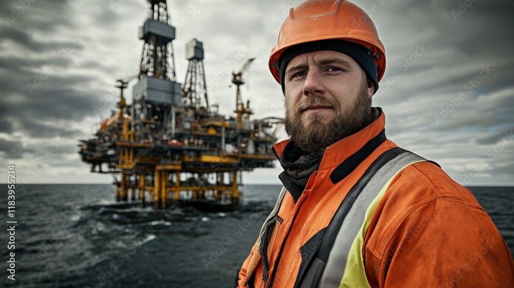 Oil worker stands proudly in front of a massive oil platform under a dramatic sky at sea Oil worker stands proudly in front of a massive oil platform under a dramatic sky at sea