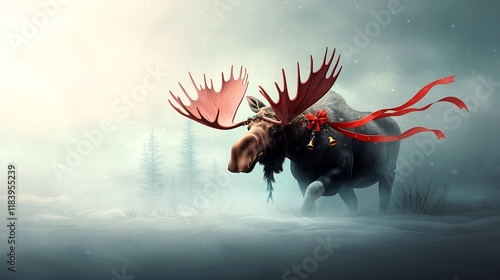 Majestic moose trudging through the snowy landscape its grand rack adorned with festive ribbons and jingling bells a whimsical winter scene captured in a painterly digital style with a soft photo