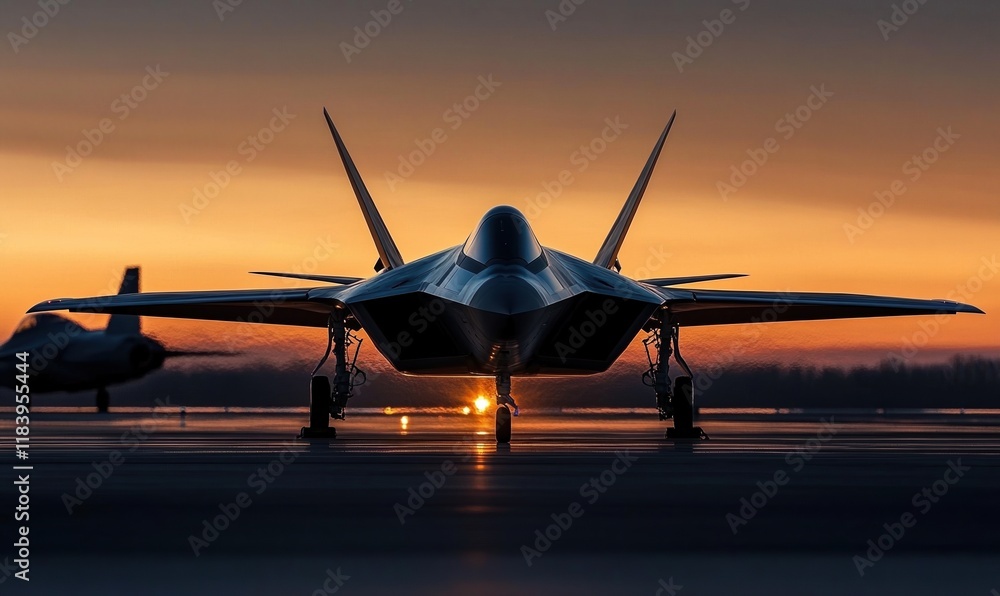 Fototapeta premium Powerful fighter jet stands on airport tarmac during sunset with impressive silhouette and strong presence