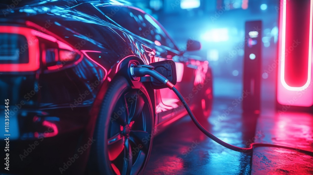 Fototapeta premium A sleek electric car charging in a neon-lit environment, showcasing modern technology and sustainable energy.