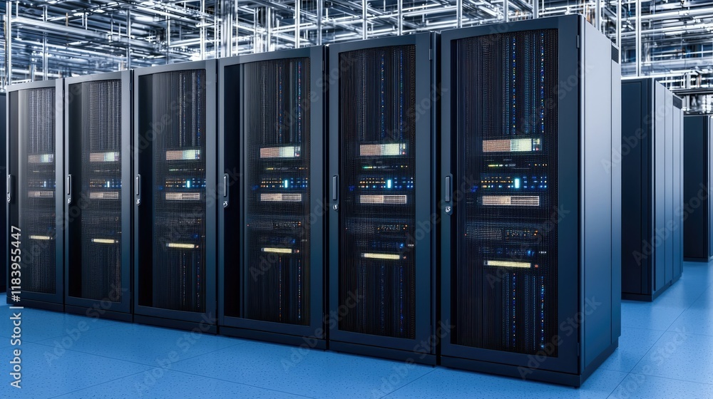 A modern server room featuring rows of tall, black server cabinets with illuminated components, set against a high-tech environment. A modern server room featuring rows of tall, black server cabinets with illuminated components, set against a high-tech environment.