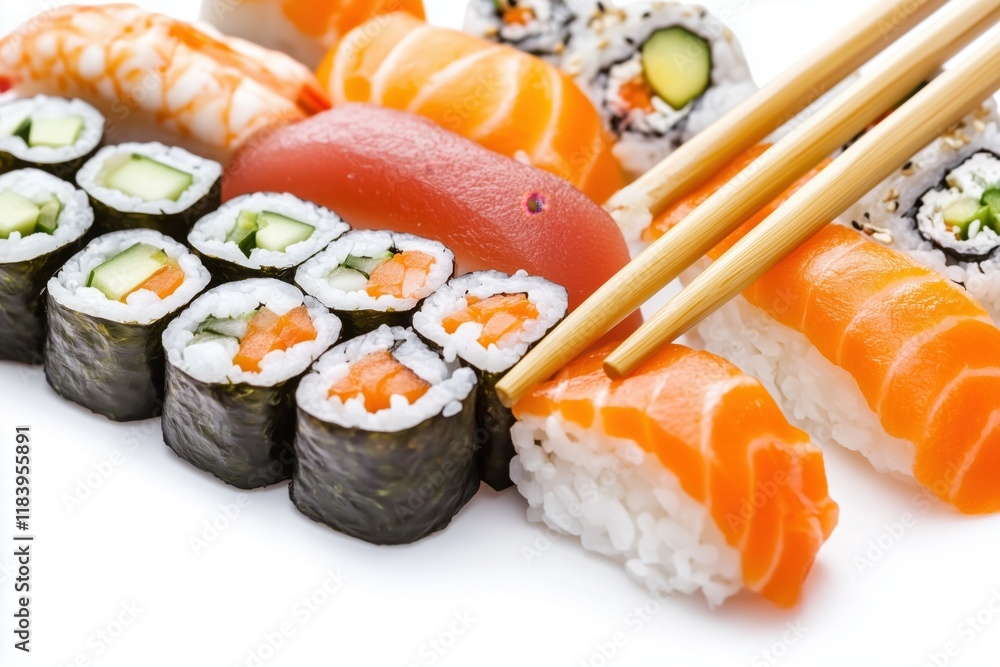 A plate of two sushi rolls with chopsticks A plate of two sushi rolls with chopsticks