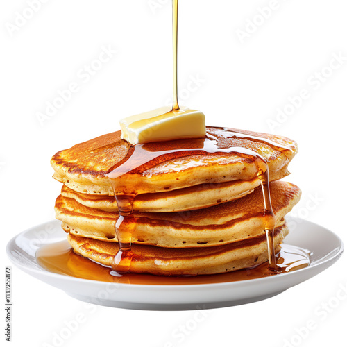 Fluffy pancakes drizzled with syrup, crowned with butter, set against a pristine white background, inviting and indulgent breakfast treat
