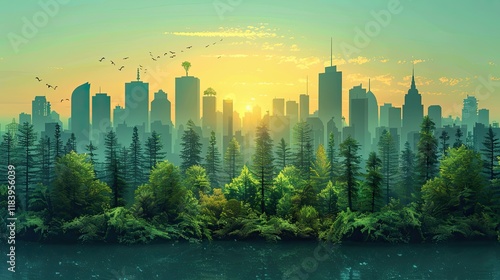 A lush forest merging with a city skyline to depict eco-friendly urbanization photo