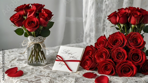 Bouquet of red roses with a romantic handwritten card. photo