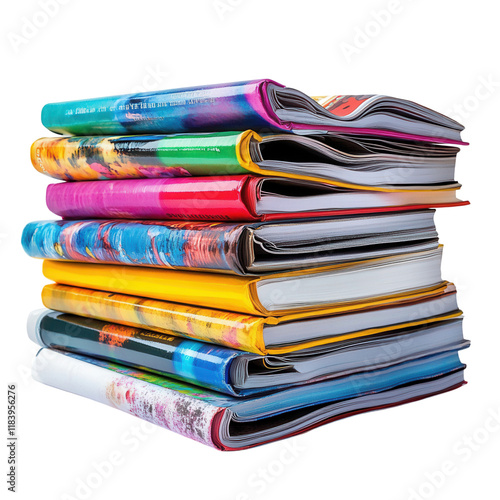 Vibrant Magazine Collection, a colorful assortment of glossy publications showcasing eye-catching covers, arranged neatly on a clean white surface