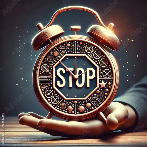 Clock with a Stop Sign Represents stopping time pausing taking a photo