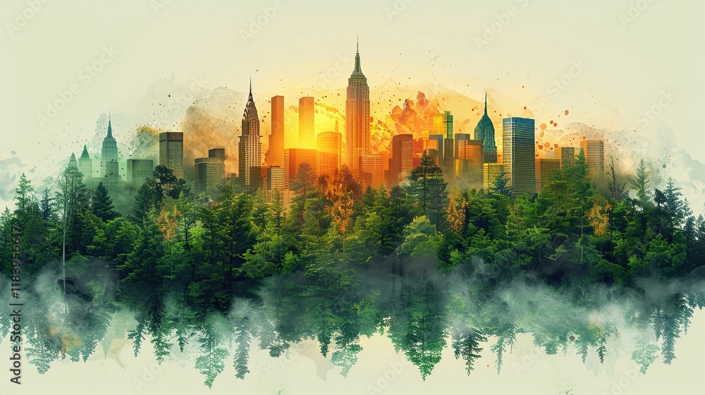 Fototapeta premium A lush forest merging with a city skyline to depict eco-friendly urbanization