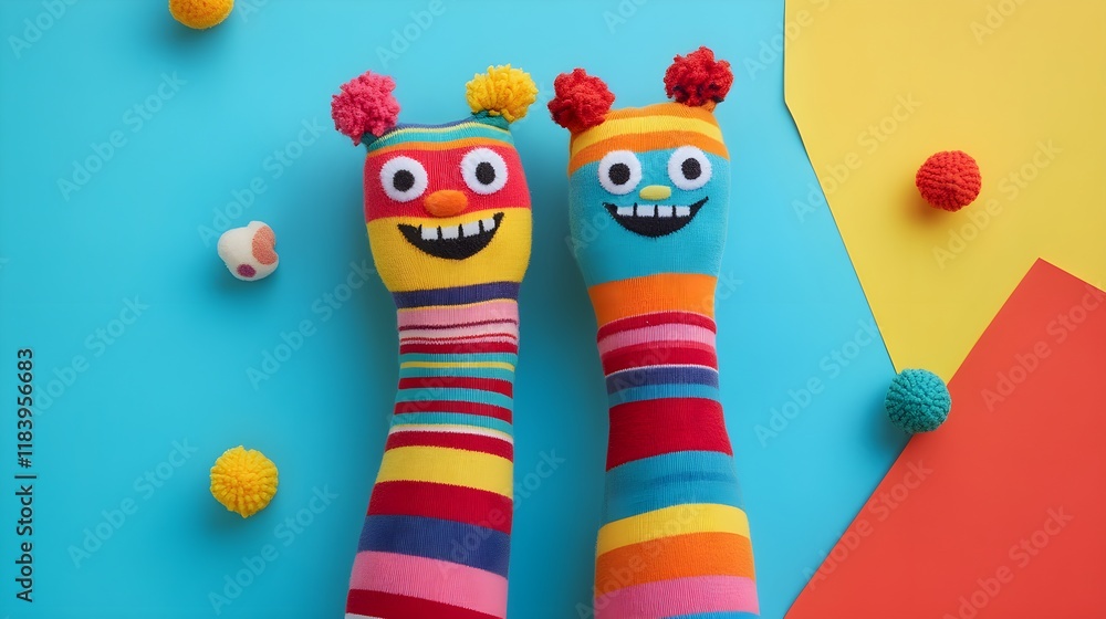 A pair of hands wearing colorful sock puppets with cute, expressive faces, set against a playful background, capturing the creativity and fun of National Sock Day 