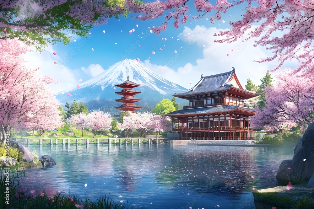 Fototapeta premium Illustration of a beautiful view of a lake, cherry blossom trees, Mount Fuji and a pagoda temple in Japan