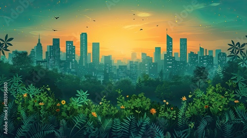 A lush forest merging with a city skyline to depict eco-friendly urbanization photo