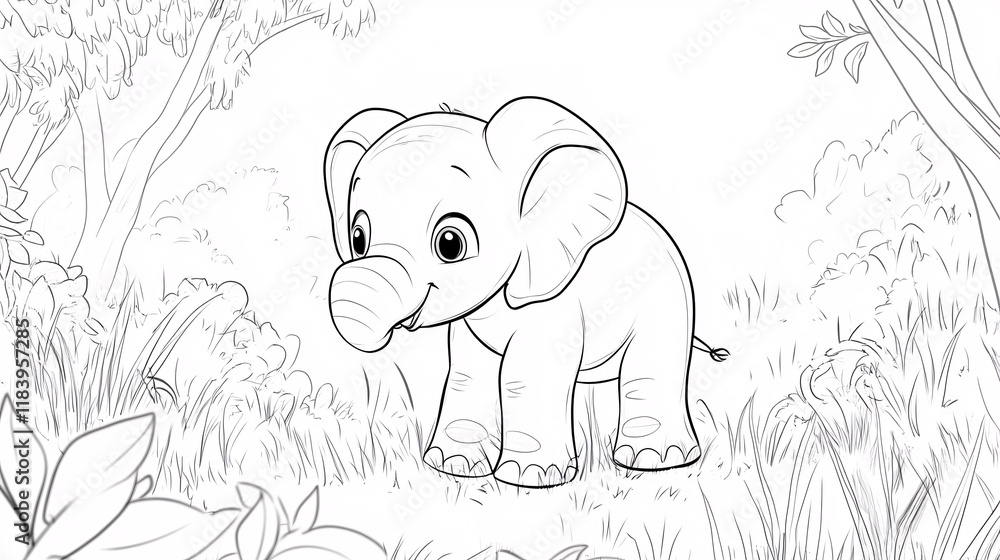 Fototapeta premium An extremely simple and cute black-and-white line drawing of an elephant, perfect for coloring.