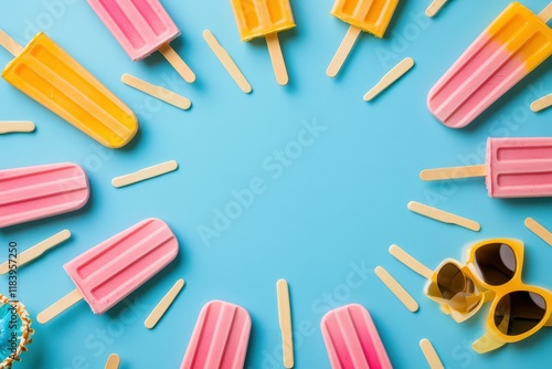 Colorful popsicles arranged around a blue background photo