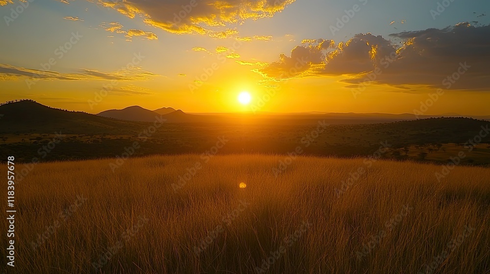 African Savanna Sunset Over Grassland Hills African Savanna Sunset Over Grassland Hills