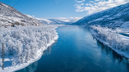 Snowy River Valley, Aerial View, Sunny Day, Mountain Background photo