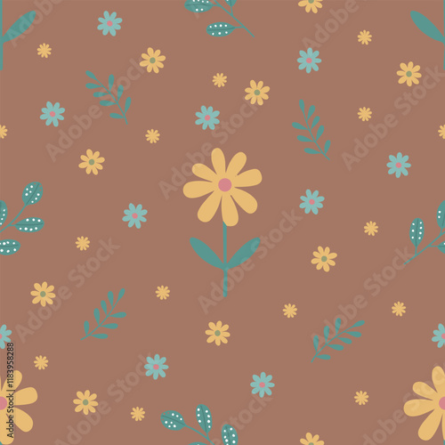 Seamless spring pattern with yellow chamomile,  daisies  and green twigs on a mocha mousse color background