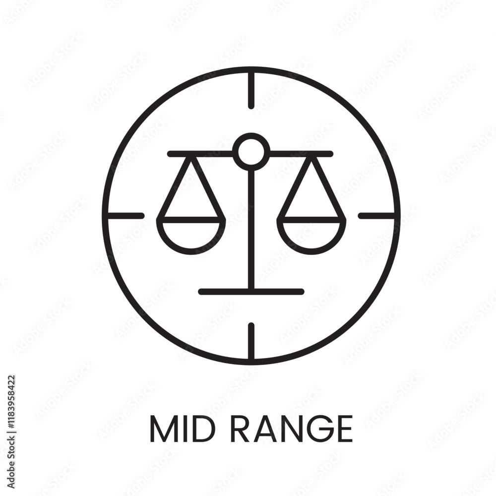An icon of balanced scales in a circle in vector, symbolizing fair price or mid range products, with an editable stroke An icon of balanced scales in a circle in vector, symbolizing fair price or mid range products, with an editable stroke