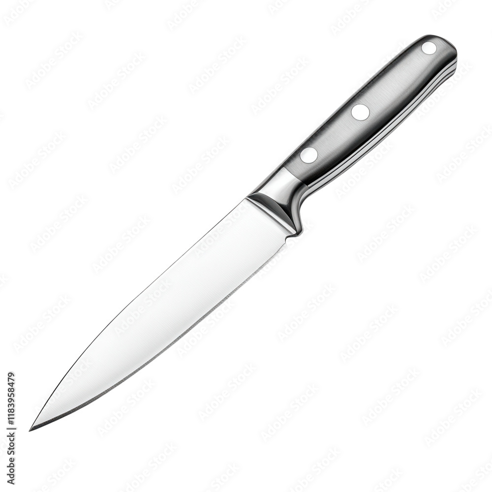 Stainless steel kitchen knife with sharp edge on white background, ideal for culinary displays and kitchenware illustrations Stainless steel kitchen knife with sharp edge on white background, ideal for culinary displays and kitchenware illustrations
