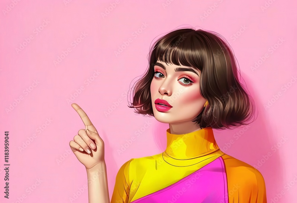 Woman pointing, pink background, digital art, advert. Woman pointing, pink background, digital art, advert.