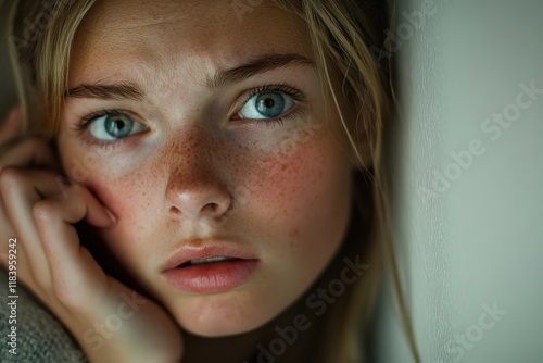 Close-up of young woman with anxious expression in unkempt room