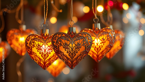 Glittering heart ornaments on a shimmering gold background.