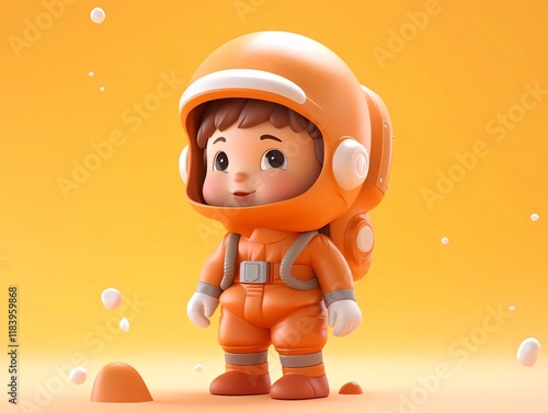 Cute astronaut child exploring space, orange backdrop. photo