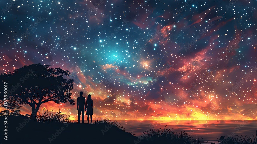 Fototapeta premium Stargazing Night: A couple spends a magical evening under the stars