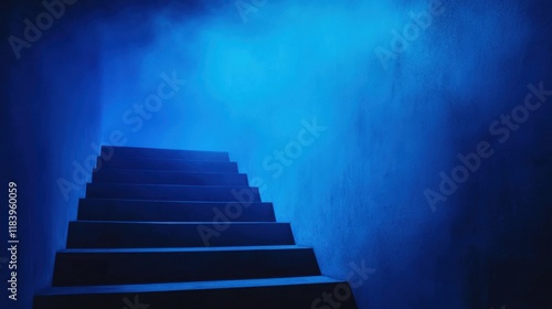 Mysterious blue staircase in dramatic fog photo