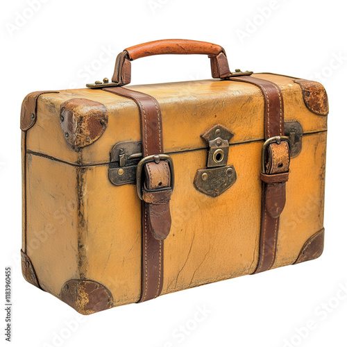 Vintage suitcase with leather straps, small size, set against a clean white backdrop, perfect for digital design projects and graphics.